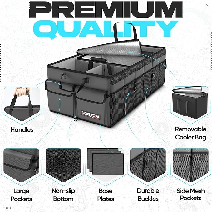 FORTEM Trunk Organizer with Cooler For SUV Car Trunk, Foldable Storage, Car Accessories for Women Men, Collapsible Bag, Perfect Christmas Gifts, 600D Oxford, Non Slip Bottom, Straps, Soft Cover (105L)