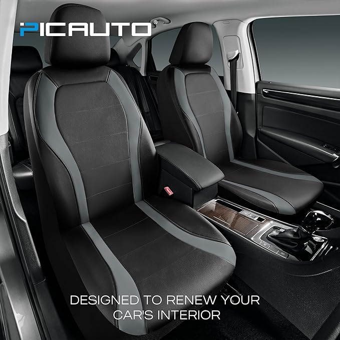 PIC AUTO Leather Car Seat Covers, Premium Automotive Waterproof Two Front Bucket Seat Protectors, Black and Gray PVC Patchwork, Fits Cars, Trucks, Vans, SUVs, Airbag Compatible
