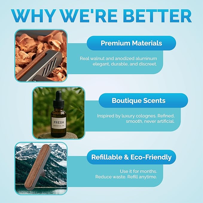 Luxury Car Air Freshener Vent Clip – Refillable Aluminum & Walnut Wood Diffuser, Minimalist Vent Freshener, Long-Lasting Scent - 1 Month Wick - 1 Pack