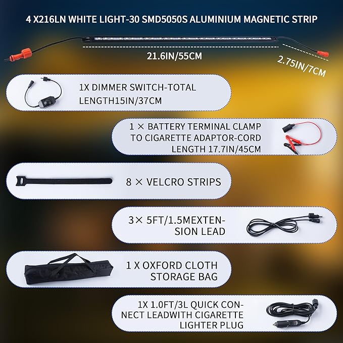 12V LED Light Bar Kit, 2 Bars White & 2 Bars Amber Adjustable Brightness RV Camping Lights - Waterproof IP67, Magnetic & Velcro Mount, Portable Lighting for Tent, Car, Trailer, Boat, Truck, Off-Road