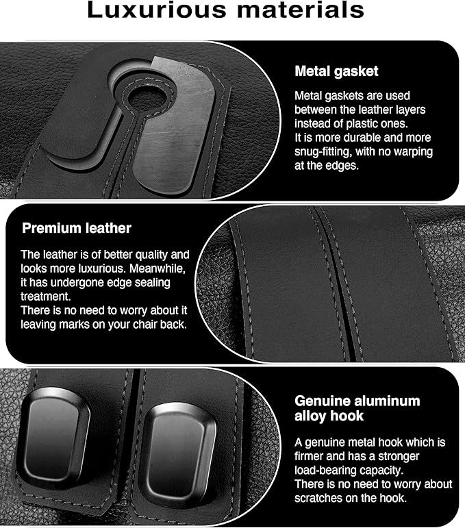 Car Hooks for Headrest, 4PCS Car Purse Hooks Luxurious Leather 100% Metal Car Hangers for Seat Multifunctional Car Bag Hook Car Seat Back Storage Hook Accessories (Black)