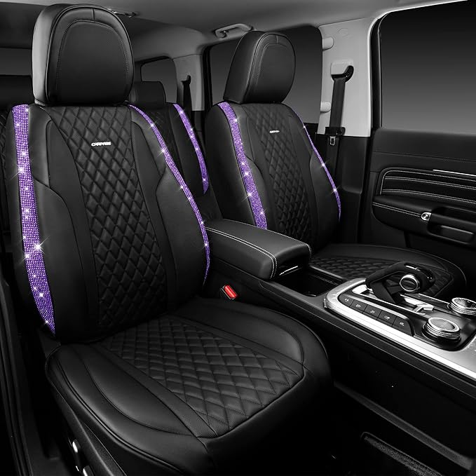 CAR PASS Bling Nappa Leather Car Seat Cover for Full Set Universal Luxury Waterproof Heavy-Duty Anti-Slip Cushioned Fit for SUV Sedan, Sparkly Glitter Shining Diamond Violet Crystal Purple Rhinestones