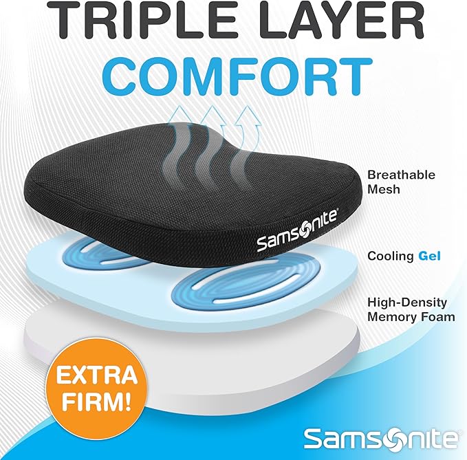 SAMSONITE - Extra Firm & Thick Seat Cushion with Cooling Gel, Experience Triple Layer Comfort