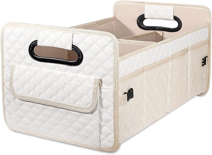 JiatuA Car Trunk Organizer for SUV, Car Storage Organizer Collapsible Multi Compartment Container Box, Adjustable Car Accessories for Women/Men, Large Beige