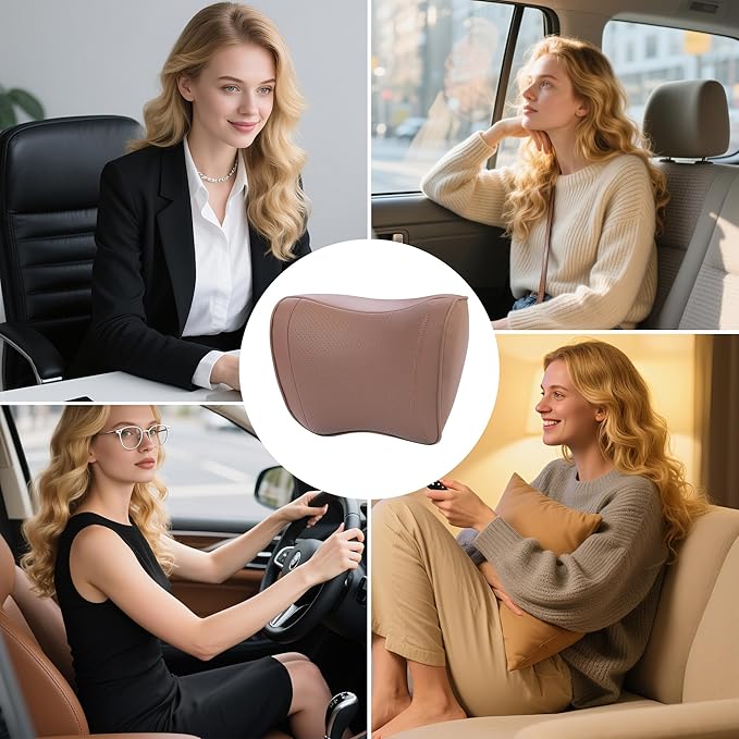Car Headrest Pillow Memory Foam Breathable Removable Leather Cover Premium Seat Support Head Neck Cushion for Driving Traveling Home Office, Brown, 1 Pack