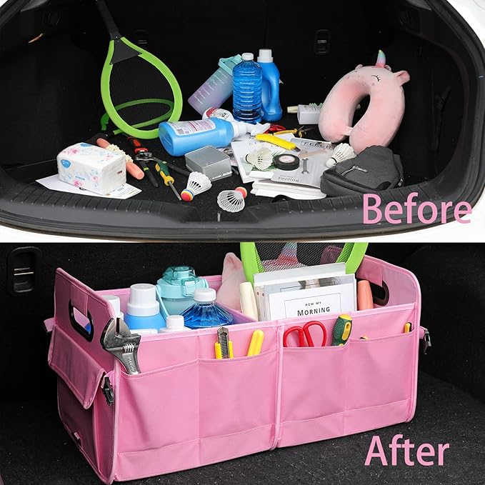 Car Trunk Organizer - Collapsible Multi Compartment Storage with Adjustable Straps for SUV