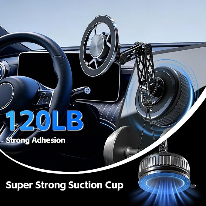 Car Phone Holder [120+LBS Strongest Suction & 2800gf Magnetic] , 360° Adjustable Magsafe Car Mount, Car Phone Mount for Cars/Gyms/Mirrors/Shower Stalls, Compatible with iPhone and Android Devices (6)