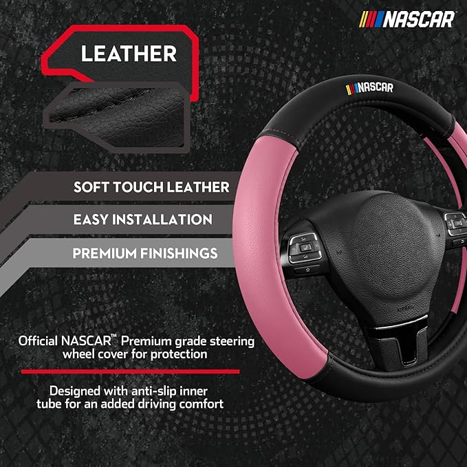 NASCAR Steering Wheel Cover, Two-Tone Pink Leather Patchwork, Universal Fit 14.5"-15.5" Steering Covers for Cars, Anti-Slip, Soft Grip, Odor-Free, Trucks & SUVs, Racing Style Interior Upgrade