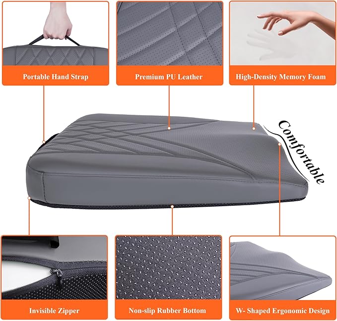 kingphenix Premium Car Seat Cushion, Memory Foam Driver Seat Cushion to Improve Driving View- Coccyx & Lower Back Pain Relief - Seat Cushion for Car, Truck, Office Chair (Leather Dark Gray)