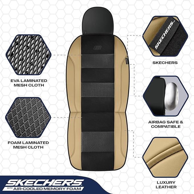 Skechers Men’s Seat Covers, Air-Cooled Memory Foam Car Seat Covers Front Seats, Airbag Compatible,Universal Fit for Most Cars, SUVs, Vans and Trucks,Beige