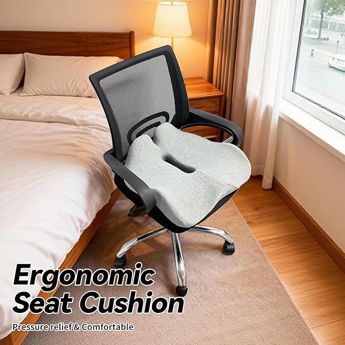 18 x 16.5 Inch Memory Foam Seat Cushion for Office Chair & Car, Pressure Buttocks Relief Comfort Cushions for Home, Work & Travel, Grey Seat Pad with Removable Washable Cover