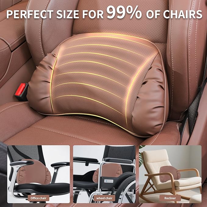Lumbar Support Pillow for Car Seat, Memory Foam Leather Lumbar Pillow for Lower Back Pain Relief - Back Cushion for Driving - Chair Support for Office Chair, Gaming Chair, Brown, 1 Pack