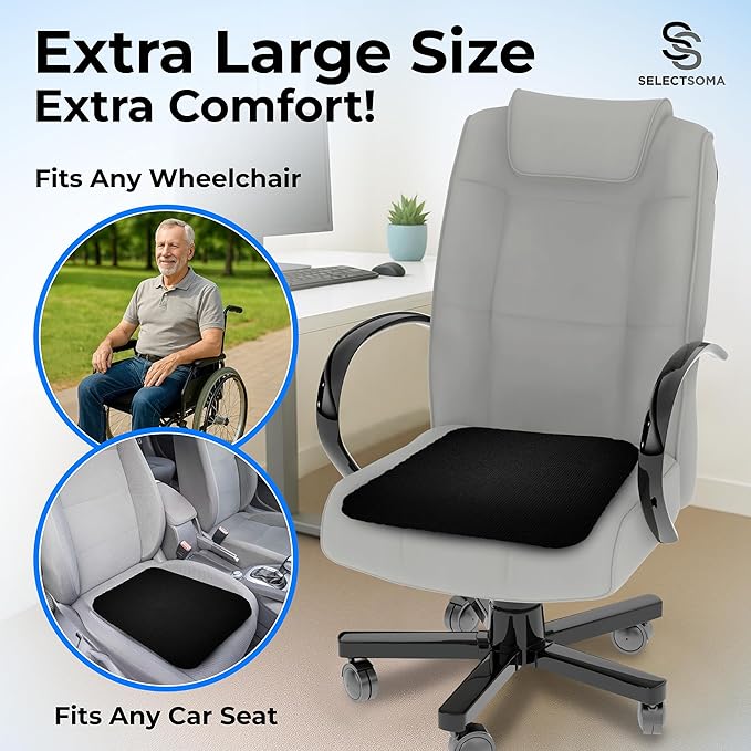 SelectSoma Super Large Gel Seat Cushion for Long Sitting - 18.5" x 17.5" - Breathable Cooling Design - Pressure Relief for Sciatica, Tailbone & Back - Office Chair, Wheelchair, Car & Truck Cushion