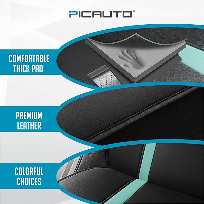 PIC AUTO Leather Car Seat Covers, Premium Automotive Waterproof Front & Rear Full Set Bucket Car Seat Protectors, Black and Mint PVC Patchwork, Fits for Cars, Trucks, Van, SUV, Airbag Compatible