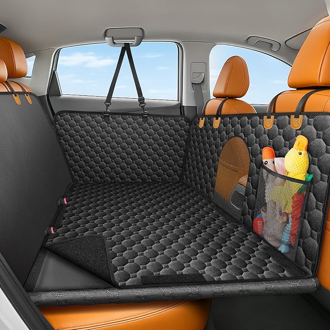Mancro Hard Bottom Car Seat Cover for Dogs, Durable Back Seat Extender with Washable Pad, Waterproof Scratch-Resistant Car Hammock Seat Protector for Dogs, Supports 400 lbs, Fits Cars, SUVs & Trucks