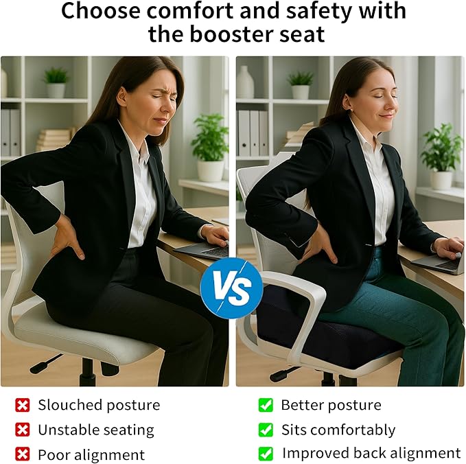 6" Extra Thick Memory Foam Office Chair Cushion – 2-Layer Booster Seat for Back & Tailbone Pain Relief, 18 x 16 x 6in Non-Slip Cushion with Carry Handle for Wheelchair, Car, and Airplane