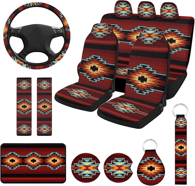 13 Pcs Brown Universal Car Seat Covers Full Set, Breathable & Washable Car Seat Covers Full Sets, Fashionable Printed Covers for Cars Interior, Universal Fit