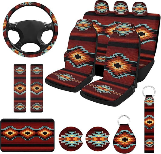 13 Pcs Brown Universal Car Seat Covers Full Set, Breathable & Washable Car Seat Covers Full Sets, Fashionable Printed Covers for Cars Interior, Universal Fit