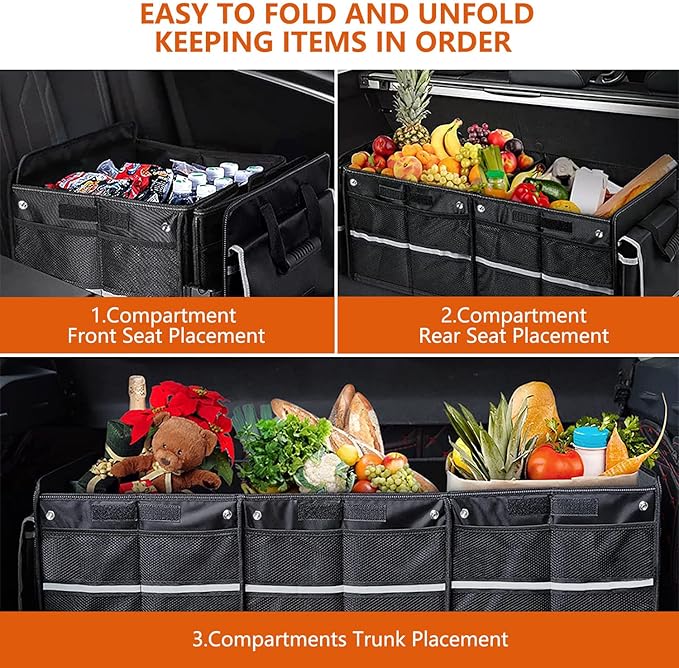 Car Trunk Organizer with Insulated Cooler Bag, 115L Foldable & Waterproof Storage Organizer with Lid for SUV, Truck, Sedan - 4 Large Adjustable Compartments, Heavy Duty & Collapsible Design