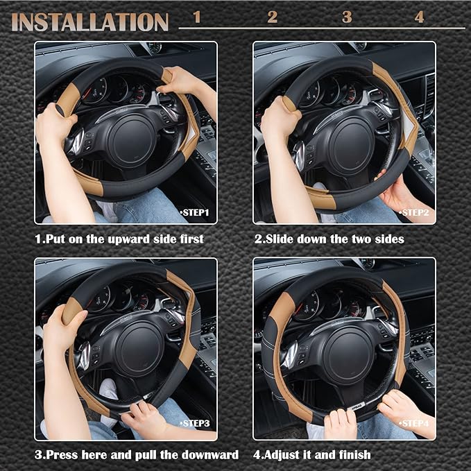 CAR PASS Line Rider Microfiber Leather Sporty 14.5-15 inch Steering Wheel Cover Universal Fits for 95% Truck,SUV,Cars, Anti-Slip Safety Comfortable Design (Black Beige)