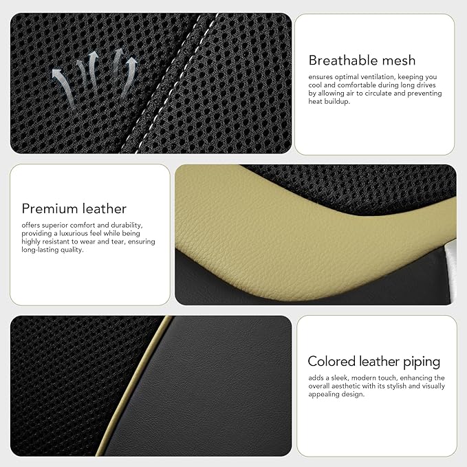 PIC AUTO Car Seat Cover – Silver & Beige Leather with Breathable Mesh Seat Cover for Cars, Stylish Two-Tone Leather Full Set Seat Covers, Universal Fit, Durable for SUV, Truck, Sedan, Vehicles