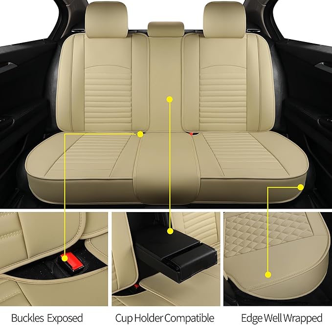 Leather Seat Covers for Cars,Car Seat Covers Full Set,Automotive Seat Covers for Trucks,SUV,Leatherette,Universal Fit,Airbag Compatible Vehicles Seats Cushions(Full Set,Beige)