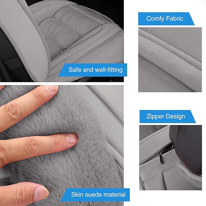 AOOG Fuzzy Car Seat Covers, Heated Bench Back Cushion Protector for Cars SUV Trucks(Full Set,Grey)