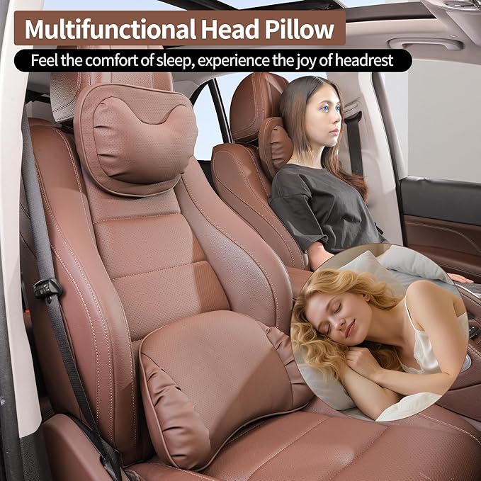 Car Neck Pillow [No More Pressure] Soft Comfortable Premium Leather Headrest with Adjustable Strap – Ergonomic Support for Driving, Office & Gaming, Brown, 1 Pack