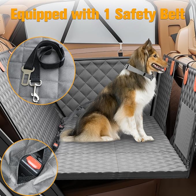 PETICON Back Seat Extender for Dogs, Hard Bottom Dog Car Seat Cover - Supports 400lbs, Rear Seat Pet Cover with Mesh Window, Waterproof Dog Hammock for Car SUV and Trucks