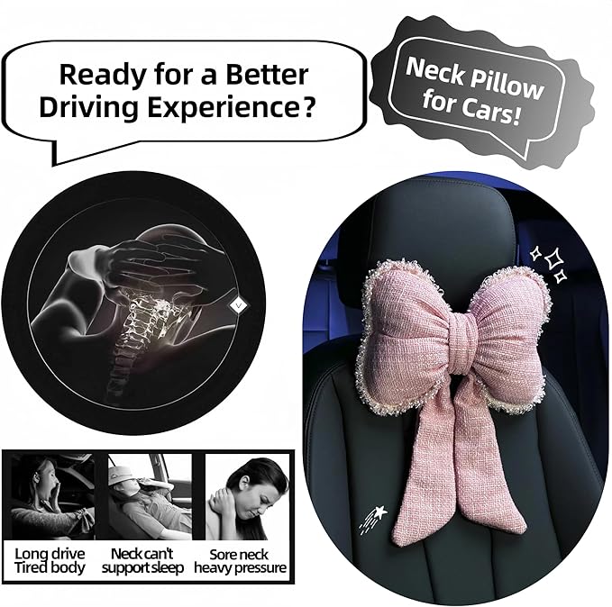 2-Pack Cute Bow Car Headrest Pillow Unique French-Inspired Bouclé Fabric Neck Support Cushion for Women Fits Most Cars (Pink)