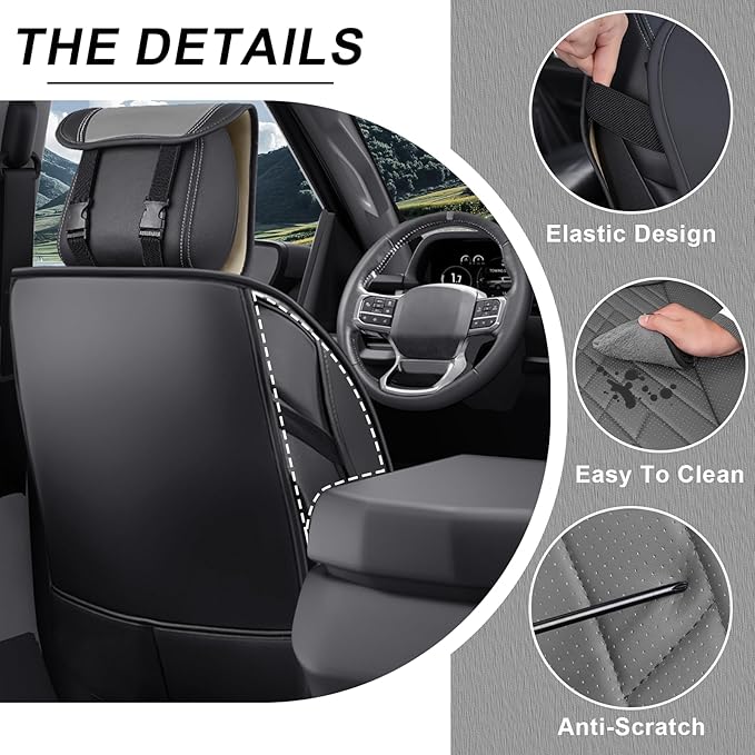 Front Set Car Seat Covers for Ford F-150 F-250 F-350 XL XLT STX Lariat King Ranch Platinum Raptor Waterproof Seat Covers 2009-2025, Anti-Slip Seat Protectors(Luxury 2 Seats/Black Gray)