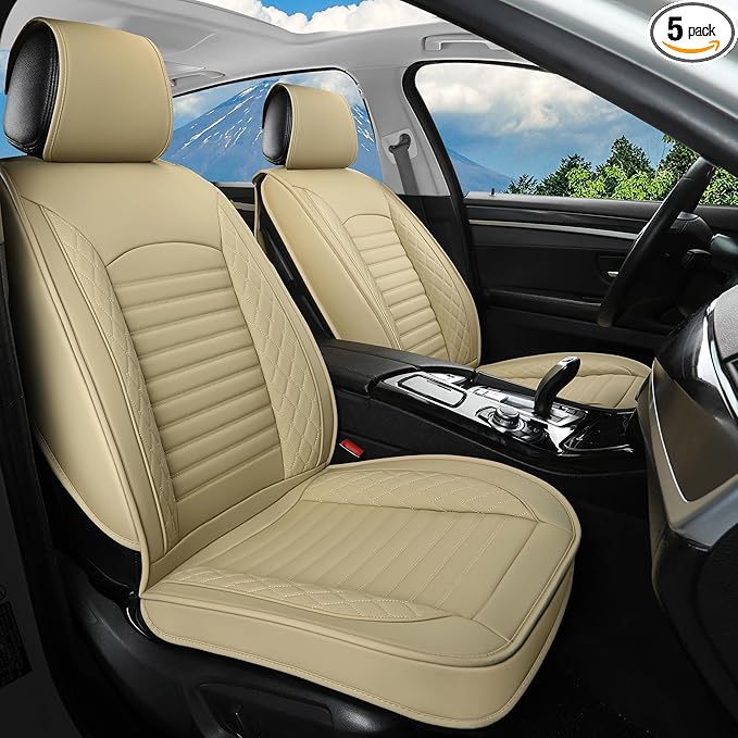 Leather Seat Covers for Cars,Car Seat Covers Full Set,Automotive Seat Covers for Trucks,SUV,Leatherette,Universal Fit,Airbag Compatible Vehicles Seats Cushions(Full Set,Beige)