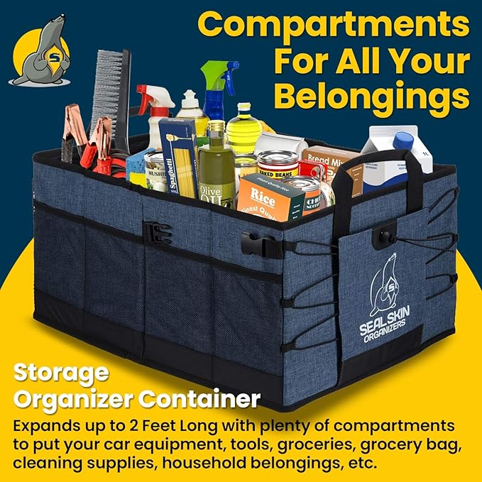 Seal Skin Covers Trunk Organizer for SUV, Car & Truck - Premium Heavy Duty & Collapsible with 3 Adjustable Size - Lightweight & Portable Storage Organizer - Easy to Use & Install in Any Vehicle - Blue