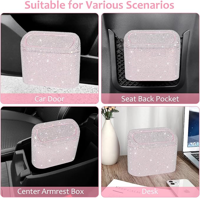 Accmor Bling Car Trash Can with Lid, Leakproof Mini Vehicle Trash Bin Automotive Dustbin Organizer Storage, Sparkling Crystal Rhinestone Trash Bag Container with 30pcs Garbage Bags Car Accessories