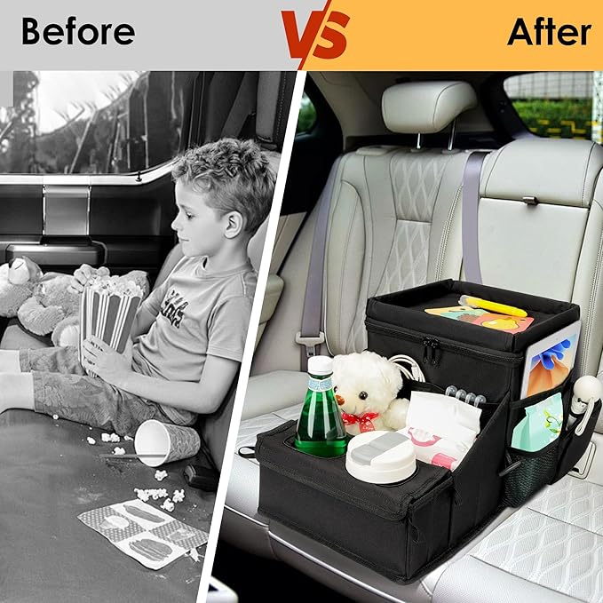 Car Seat Organizer, Backseat Car Organizer with Cup Holder Tray and Storages for Kids and Adults, Portable Travel Cooler for Car for Front or Back Seat Passenger Organizer Ccompartment (Black)