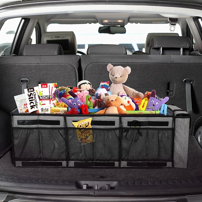 Collapsible Trunk Organizer with Insulated Leakproof Cooler Bag,Removable Lid,Adjustable Securing Straps,3 Compartments Trunk Organizer for SUV,Truck,Sedan(Light Grey)
