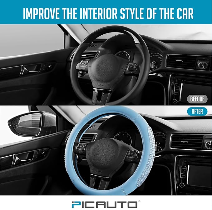 PIC AUTO Steering Wheel Cover, Glitter Gel Particles & Blue Luxury Leather Car Steering Cover, Universal Fit 14.5"-15.5" Anti-Slip Car Wheels Cover for Girls & Women