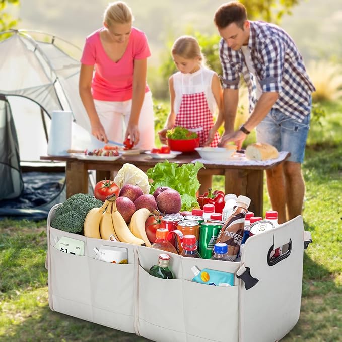 Trunk Organizer For Suv & Sedan,Car Organizers and Storage, Waterproof Collapsible & Adjustable Straps,75L Sturdy Car Organization for Car Accessories, Tools,Sundries,2-3 Compartment（Beige）