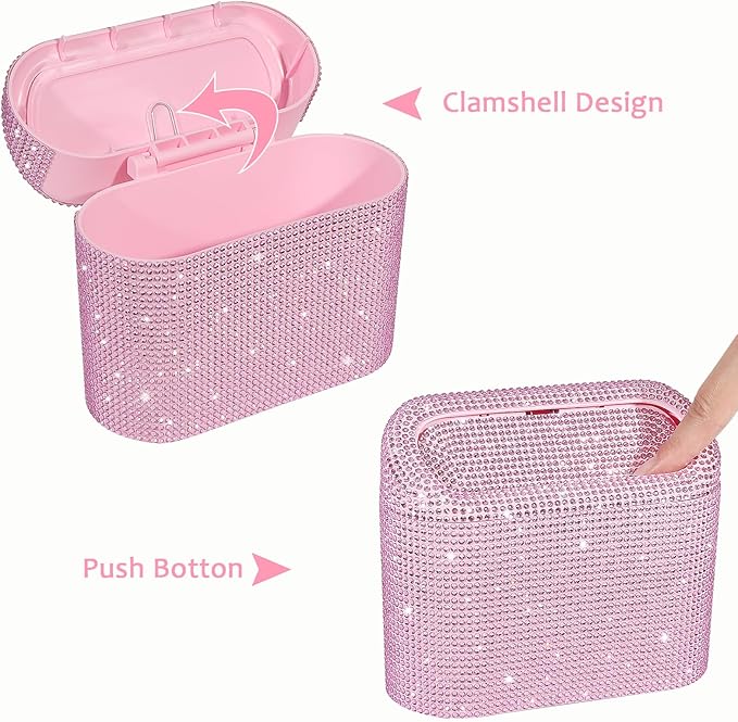 Accmor Bling Car Trash Can with Lid, Leak-Proof Mini Vehicle Trash Bin Automotive Dustbin Organizer Storage, Sparkling Crystal Trash Bag Container with 30pcs Garbage Bags for Car, Home, Office (Pink)