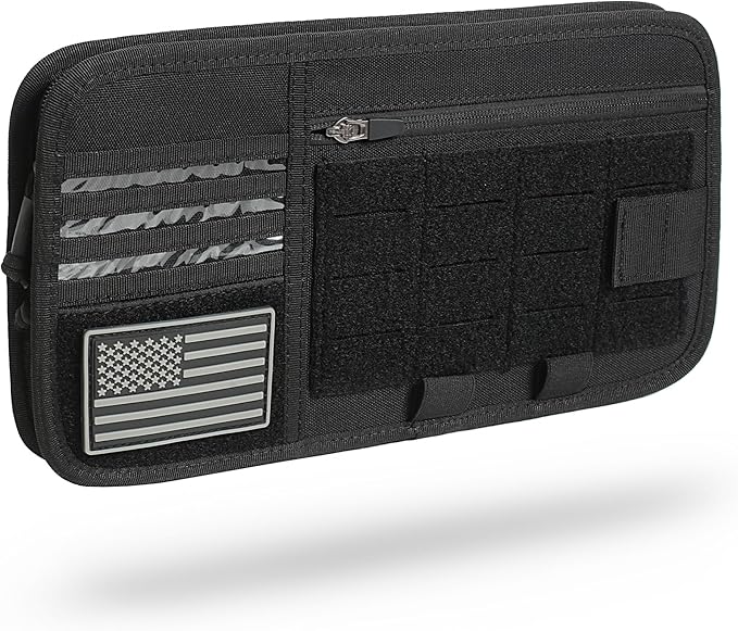 Heavy Duty Molle Car Sun Visor Organizer - Tactical Car Accessories with Zipper Visor Storage Pouch,Glasses Clip and Card Sleeve Pocket, Multi-Pocket Visor Organizer Storage Pouch for Cars SUVs Trucks
