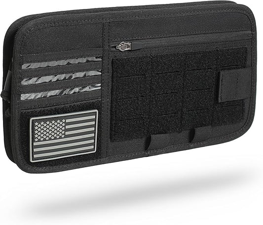 Heavy Duty Molle Car Sun Visor Organizer - Tactical Car Accessories with Zipper Visor Storage Pouch,Glasses Clip and Card Sleeve Pocket, Multi-Pocket Visor Organizer Storage Pouch for Cars SUVs Trucks