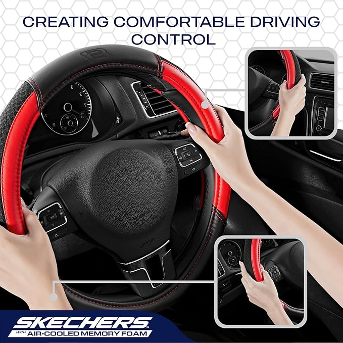 Skechers Air-Cooled Steering Wheel Cover, Leather Car Steering Wheel Cover Universal Fit 14" 1/2-15" Car Wheel Protector for Men Women Fit Suvs,Vans,Sedans,Car,Trucks,Red