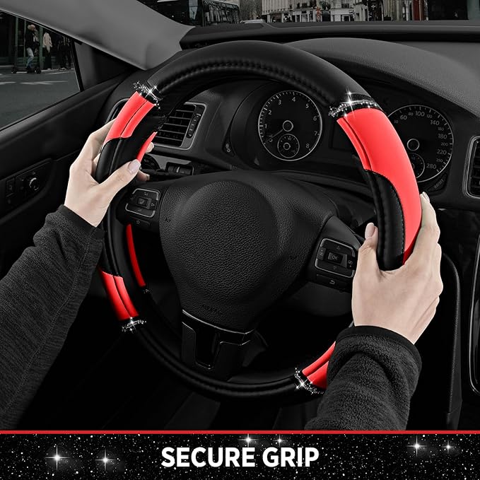 Road Comforts Leather Steering Wheel Cover - Made with PVC Leather - Anti-Slip, Universal Fit 14 1/2 inches to 15 inches - Red
