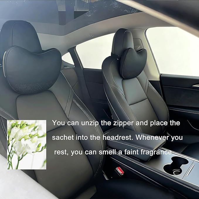 【Leather, Black】Seat Headrest Pillow 2 Packs with air fresheners for Tesla Neck Pillow Uniquely Designed for Tesla Model Y/3 Neck Support Cushion Nappa Leather Visible Strap White Black