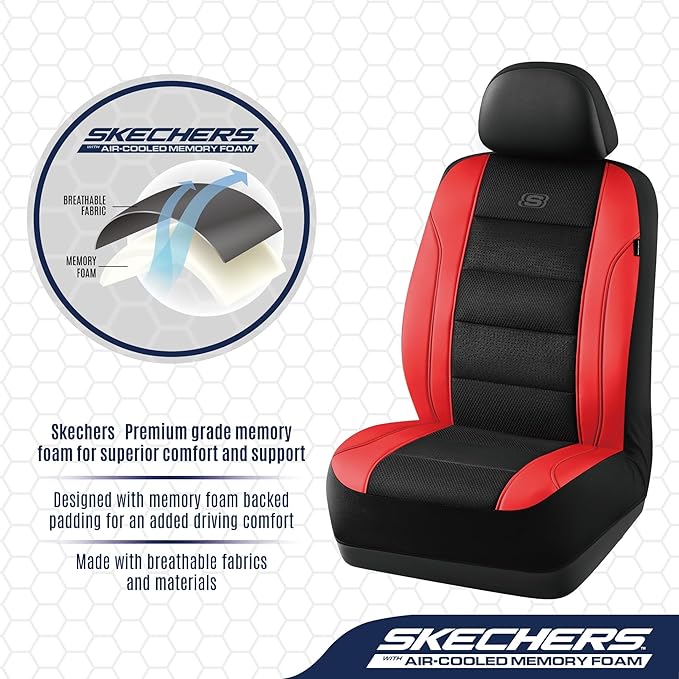 Skechers Men’s Seat Covers, Air-Cooled Memory Foam Car Seat Covers Front Seats, Airbag Compatible,Universal Fit for Most Cars, SUVs, Vans and Trucks,Red