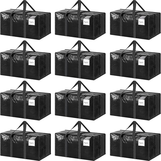 12 Pack Extra Heavy Duty Large Moving Bags with Strong Zipper & Comfortable Handles, Sturdy & Durable Clothes Storage Bags Totes Bins, Packing Moving Boxes for College Supplies, Black