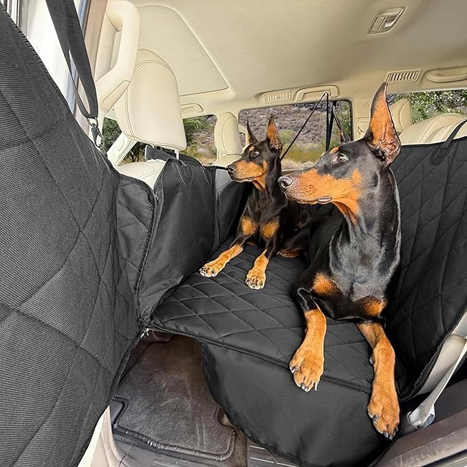 4Knines Hard Bottom Back Seat Extender for Dogs – Waterproof Dog Car Seat Cover – Heavy Duty Backseat Protector for Cars, SUVs, Trucks – Built-in EZ Open Door Protector (Patent Pending) Black, Regular