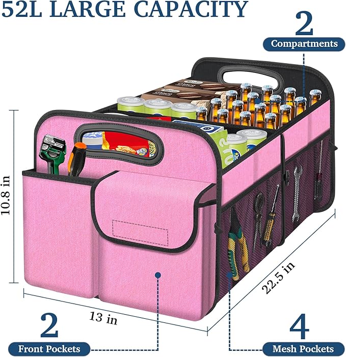 Femuar Car Trunk Organizer, Car Storage Organizer with Large Capacity Waterproof Collapsible Trunk Organizer for Car Suv/Jeep/Sedan (Pink, Standard)