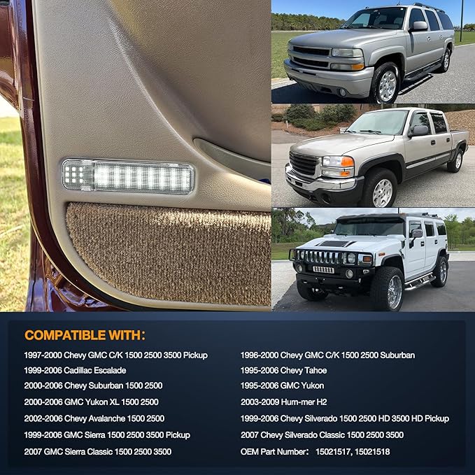 Nilight 2PCS LED Interior Door Panel Light Courtesy Warning Lights White Beam Plug and Play Compatible with Chevy GMC C/K Silverado Sierra 1500 2500 3500 HD Suburban Cadillac Escalade Hummer H2