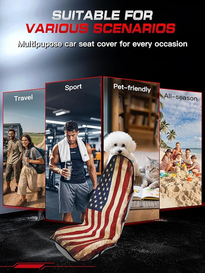 Universal Car Seat Cover Towel, Waterproof Washable Sweat Protection for Front Bucket Seats, Non-Slip Fit, Fits Cars SUVs Trucks, Ideal for Gym, Kids, Travel (American Flag, 2 Pack)